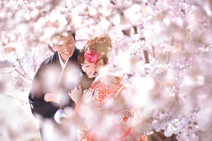 桜や菜の花畑で和装の洋髪で白無垢や色打掛けで髪型やヘアスタイル、髪飾りも写っている結婚式の前に別日で撮影してる前撮りのロケーションフォトの写真