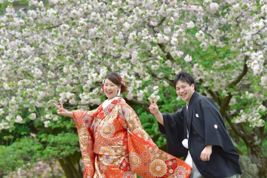 奈良の桜で前撮りを洋髪ヘアスタイルの写真