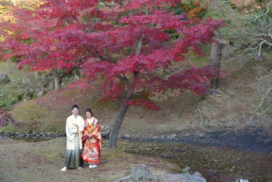 結婚式の前撮りを紅葉の奈良公園で撮影