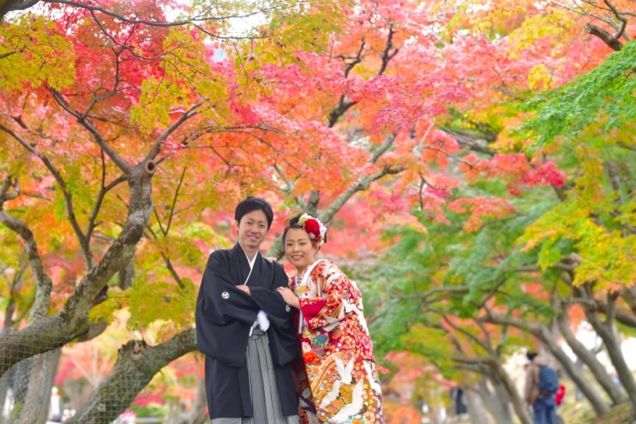 結婚式の和装前撮りを紅葉の奈良公園で撮影