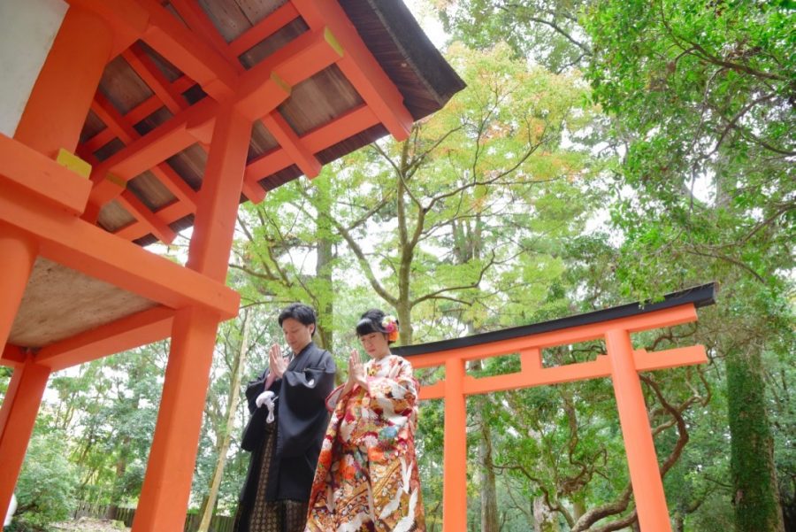 結婚式の前撮りを紅葉の奈良公園とコスモスの撮影